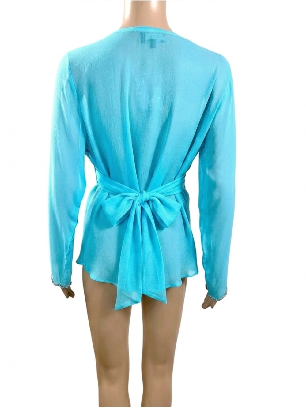 Vintage YAE Saint-Tropez sheer turquoise tunic cover-up blouse built-in tie Sz M - Picture 4 of 13
